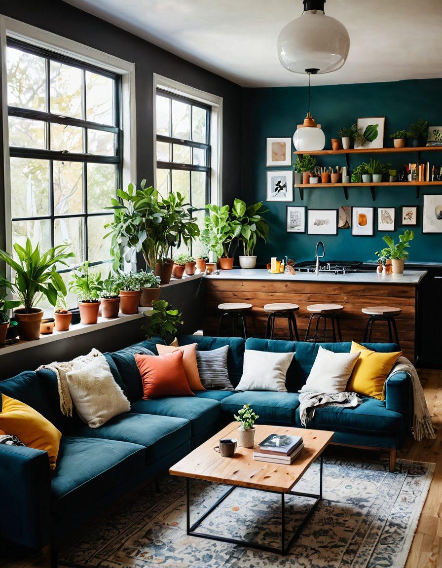 A cozy living room shared by diverse young adults, laughing and enjoying each other's company with plants and personal touches around. Include a large comfortable couch, vibrant artwork on the walls, and a coffee table with books and snacks. An open kitchen area should be visible, filled with natural light through large windows. The atmosphere should feel warm and inviting, showcasing friendship and harmony. super-realistic. vibrant colors. soft focus.