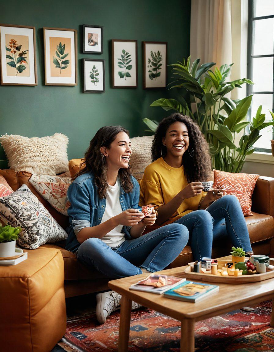 A cozy shared living space showcasing two friends laughing and enjoying each other's company over a game night. The background features warm, inviting décor with plants and colorful cushions that highlight their bond. Include playful elements like snacks, board games, and heartfelt gestures, radiating joy and affection. vibrant colors. super-realistic.