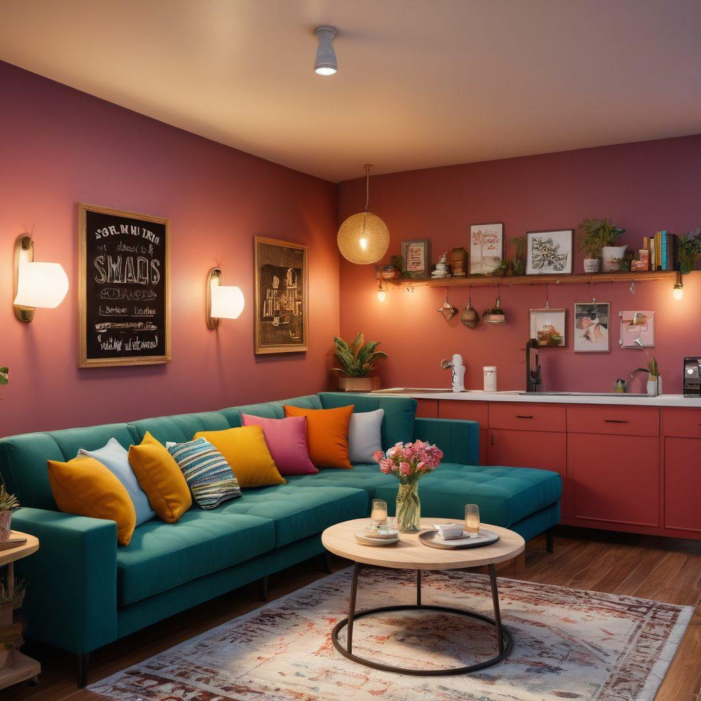 A cozy shared living space showcasing two diverse individuals harmoniously interacting, surrounded by personalized decor that reflects their personalities. Include elements like a shared kitchen with snacks, a comfortable living area with a couch, and unique wall art. Emphasize warmth, friendship, and collaboration in the scene. super-realistic. vibrant colors. soft lighting.